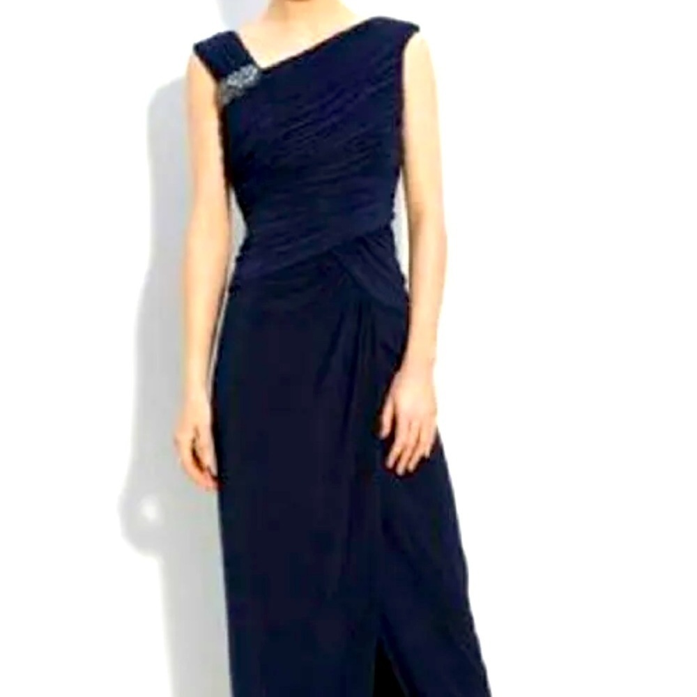 Adriana Papell Evening Maxi Gown Navy Top Ruching Rhinestone​​​​